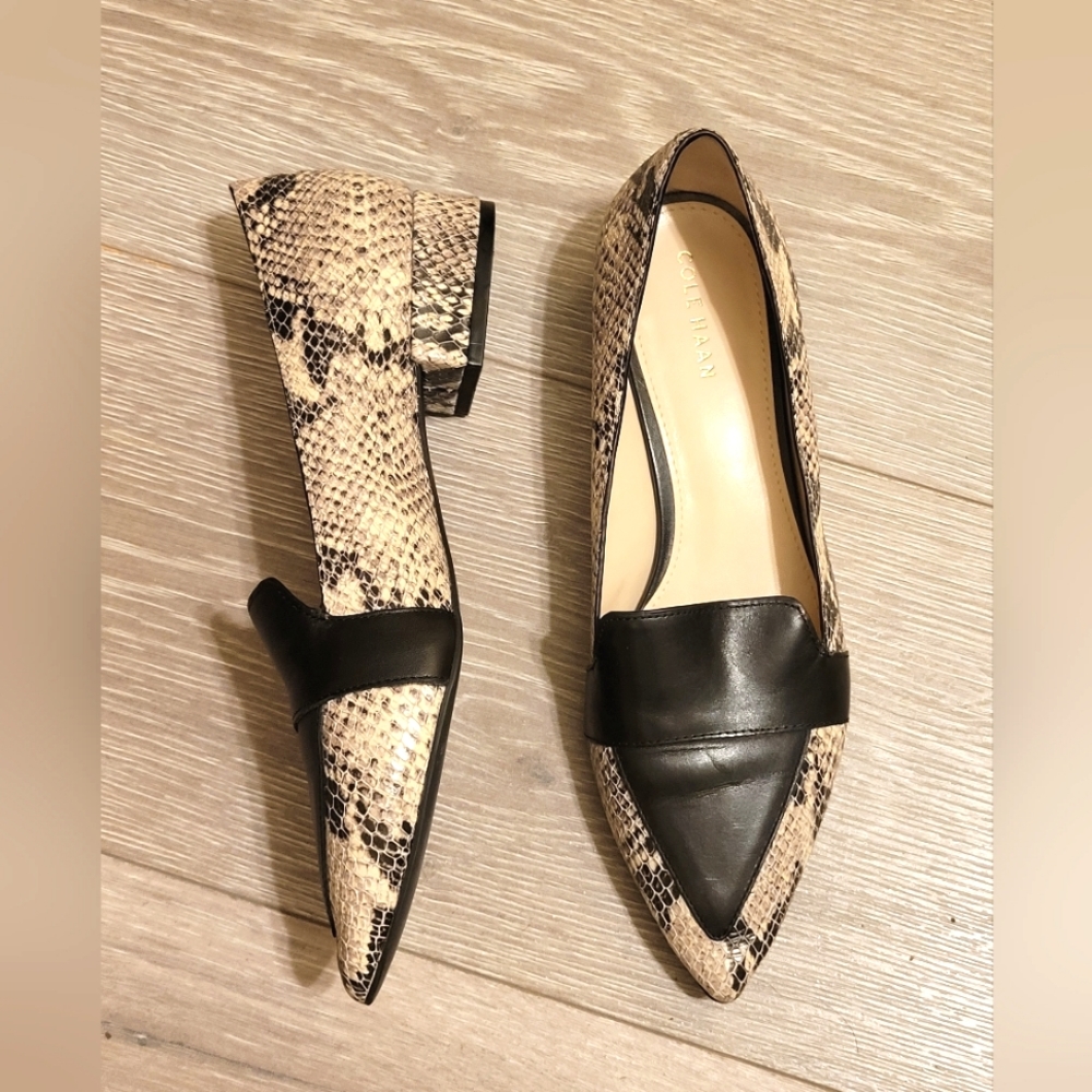 Cole Haan Skimmer Flat | Block Heel | Snake Embossed | Leather Black Apron |Sz 6